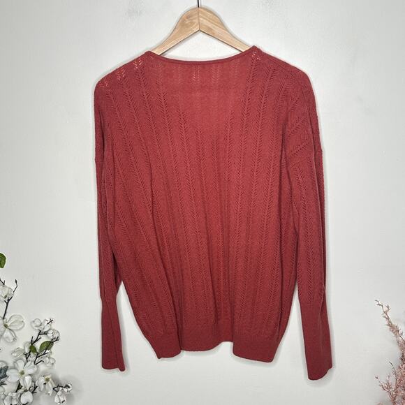 GARNET HILL 100% Cashmere Half Zip Pointelle Sweater Washed Brick Red Sz L {Q12} - Picture 3 of 6